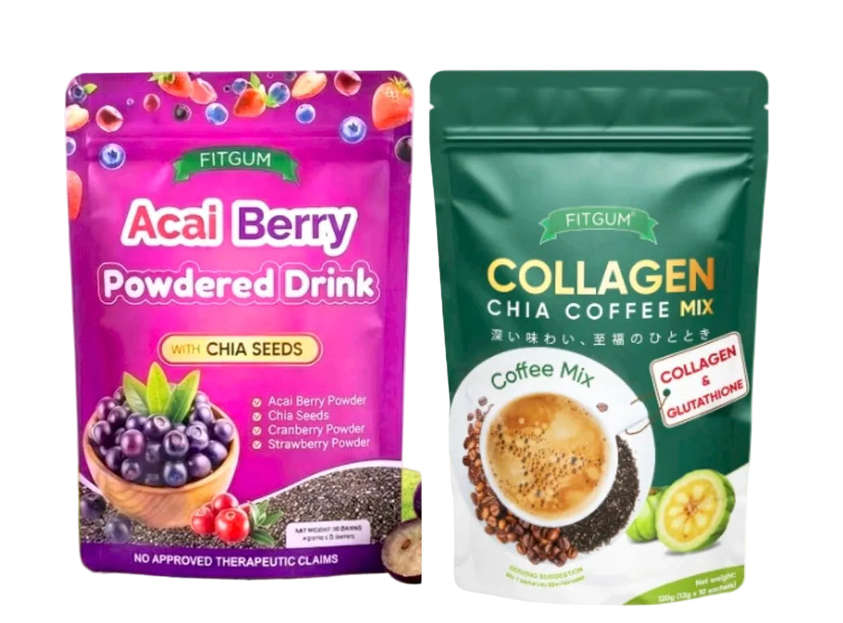 combo of FITGUM 20X Collagen Chia Coffee & Berry Juice