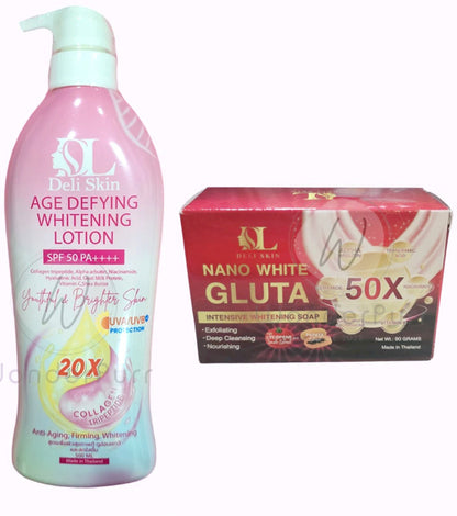 Combo of DELI SKIN - Age Defying Whitening Lotion SPF50 PA++ 500ml & Soap 90g