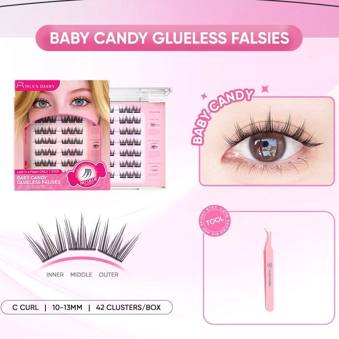 MLEN DIARY Glue-Free False Eyelashes – Baby Candy Style + Tweezers