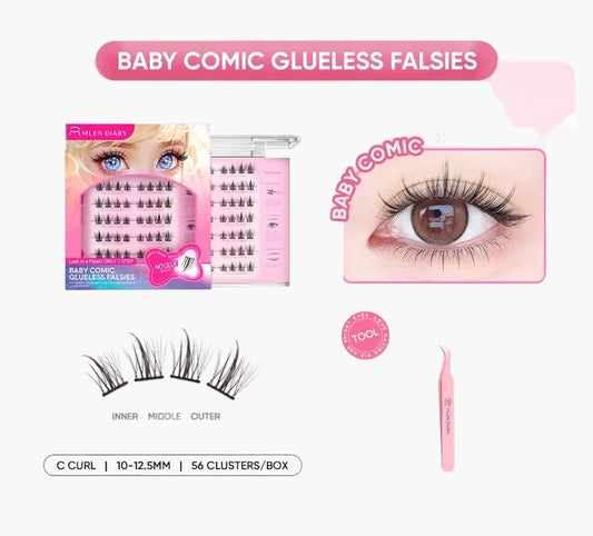 MLEN DIARY Glue-Free False Eyelashes – Baby Comic Style + Tweezers