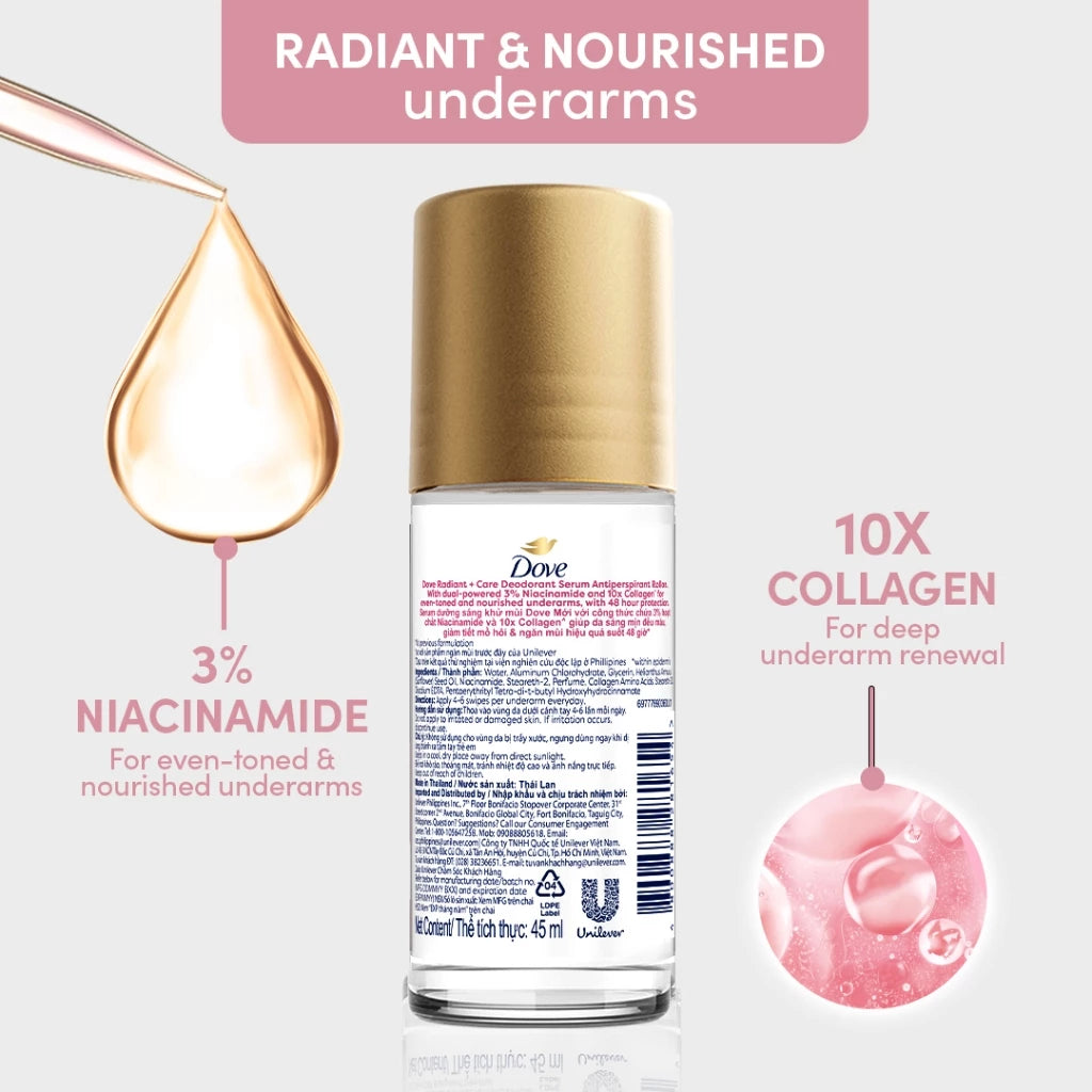 Dove Radiant + Care Deodorant Serum Roll On 3% Niacinamide 45ml