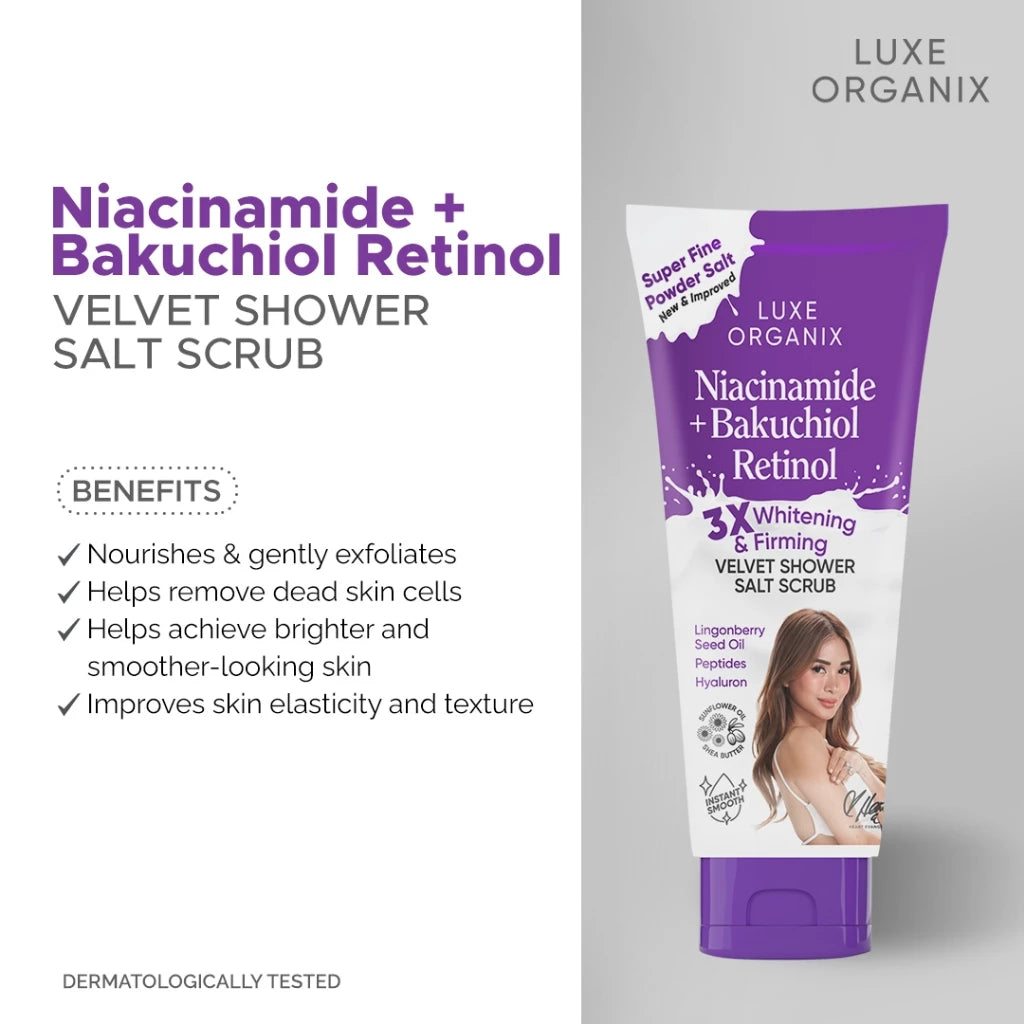 LUXE ORGANIX Niacinamide + Bakuchiol Retinol Velvet Shower Salt Scrub 320g