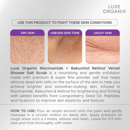 LUXE ORGANIX Niacinamide + Bakuchiol Retinol Velvet Shower Salt Scrub 320g