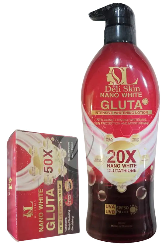 (PRE-ORDER ETA 2WEEKS) Combo of Deli Skin Lotion Nano White Gluta & Soap SPF50 PA++ 500ml