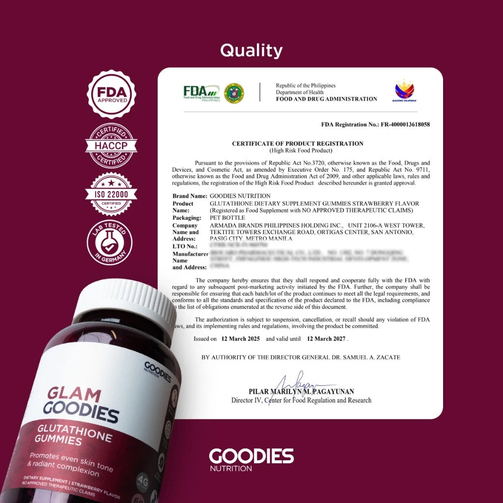 GOODIES NUTRITION Glutathione Gummies – Glam Goodies – 1 bottle (60 Gummies) - Improve Skin Textur
