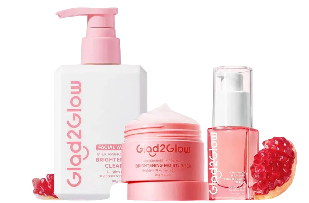 COMBO of Glad2Glow Pomegranate Power Brightening Serum, moisturizer & cleanser