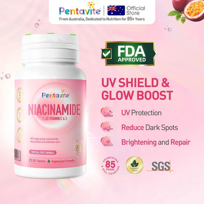 Pentavite Niacinamide Plus UV Protection Reduce Dark Spots Vitamin C Brightening & After-sun Repair